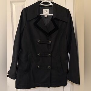 Charlotte Ronson Wool-Blend Black Double-Breasted Velvet-Trim Peacoat